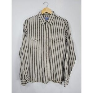 American Hero Mens Western Striped Button Down Shirt XL Cream Black‎ Raw Hem